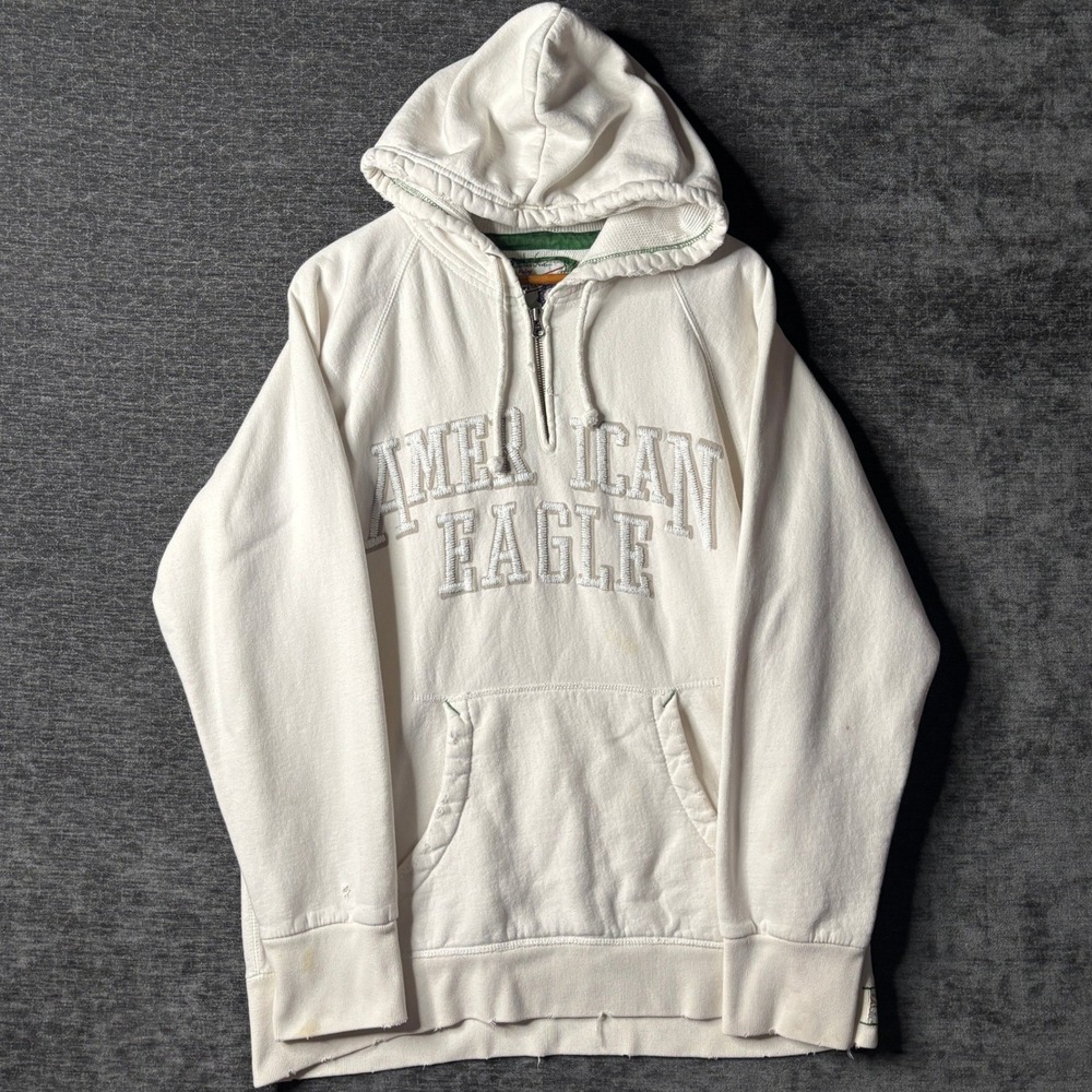 American Eagle Mens L White Quarter Zip Hoodie Embroidered Logo Distressed Y2K